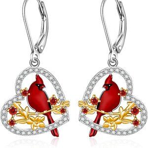 Sterling Silver Dangle Earrings Women Red Cardinal Heart Memorial Gift
